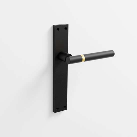 201 - Manillas para puerta con placa acabado negro · dorado brillo