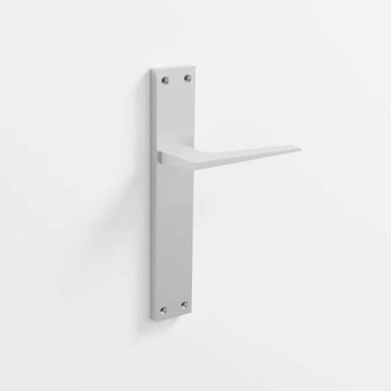 204 - Juego de manillas con placa para puerta en acabado níquel satinado