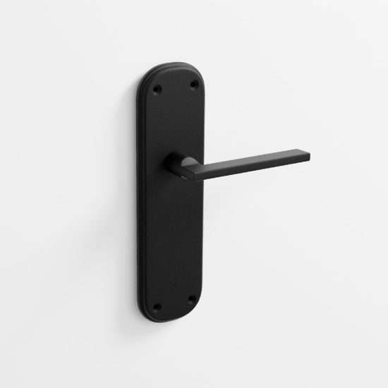 208 - Juego de manillas con placa para puerta en acabado negro